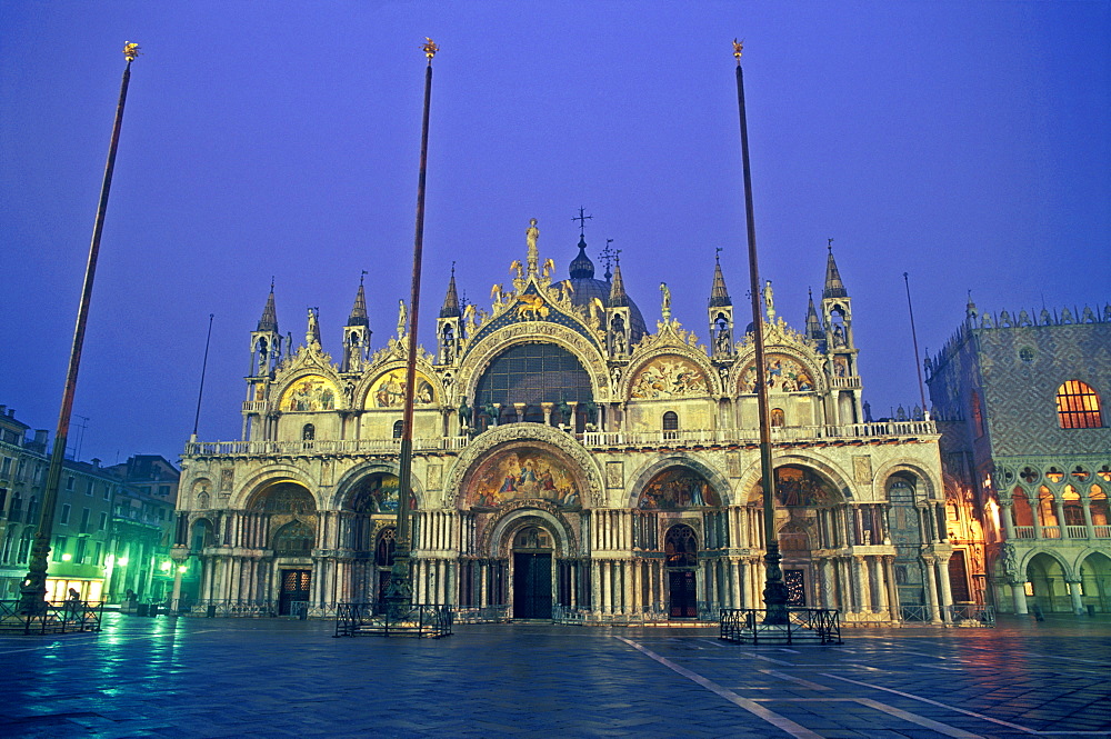 Facade of Basilica San Marco illuminated at dawn, Piazza San Marco, Venice, UNESCO World Heritage Site, Veneto, Italy, Europe