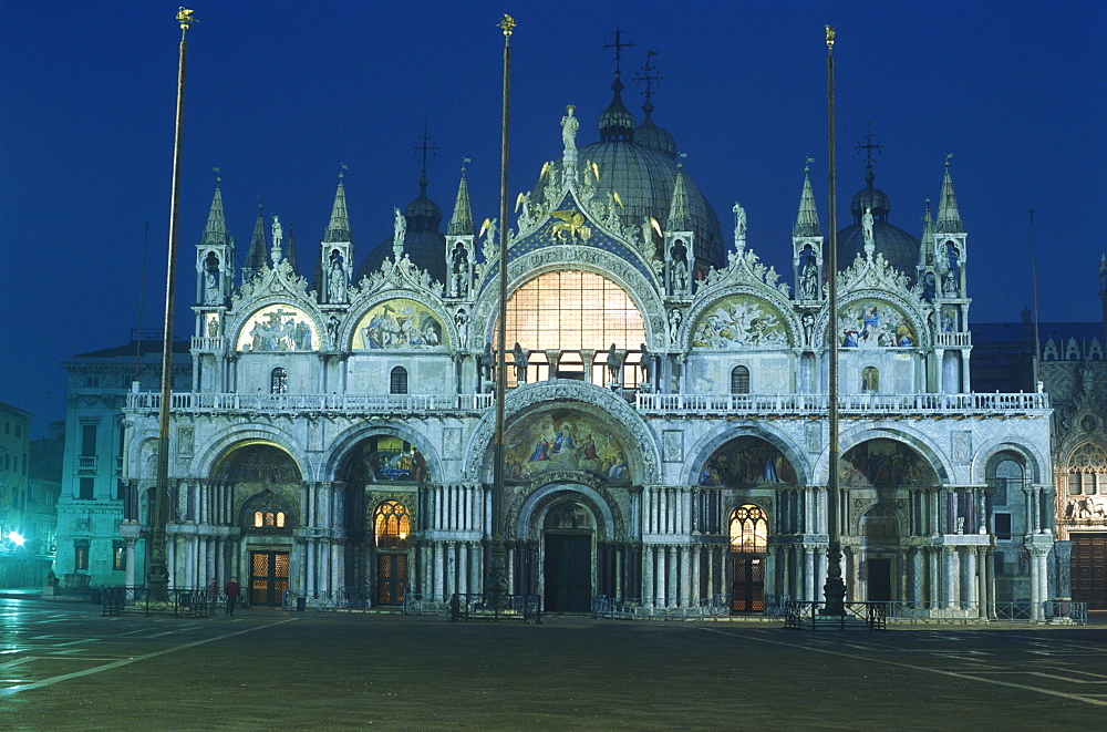 Facade of Basilica San Marco illuminated at dawn, Piazza San Marco, Venice, UNESCO World Heritage Site, Veneto, Italy, Europe