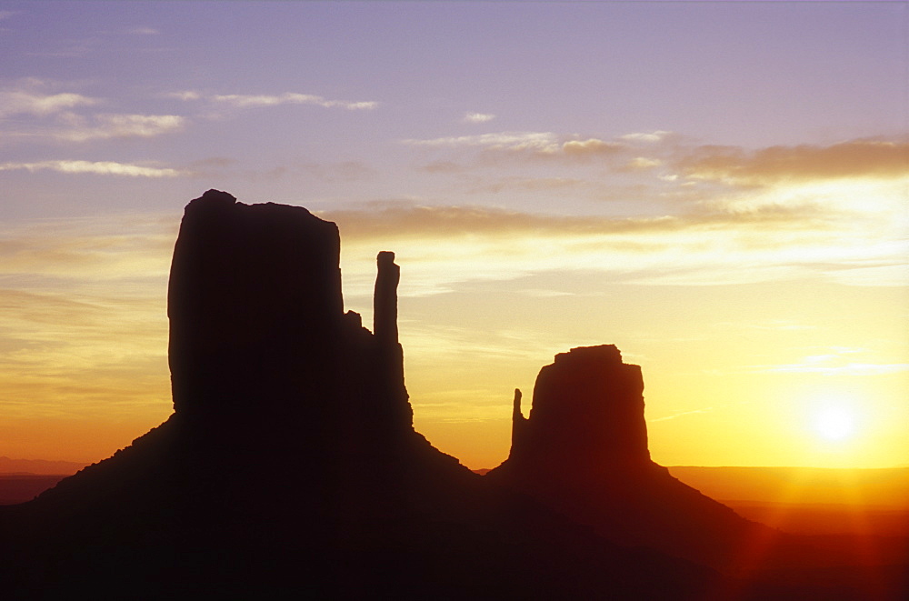 Sunrise over the Left and Right Mittens, Monument Valley Navajo Tribal Park, Arizona, United States of America, North America