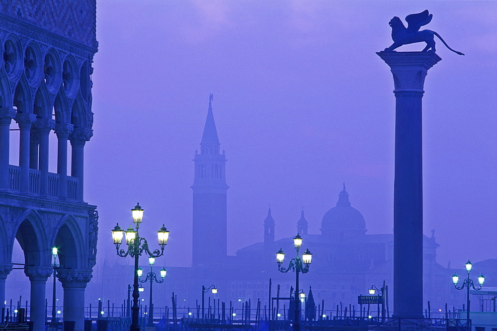 View of San Giorgio Maggiore from Piazzetta San Marco and the column of San Marco at dawn, Venice, UNESCO World Heritage Site, Veneto, Italy, Europe