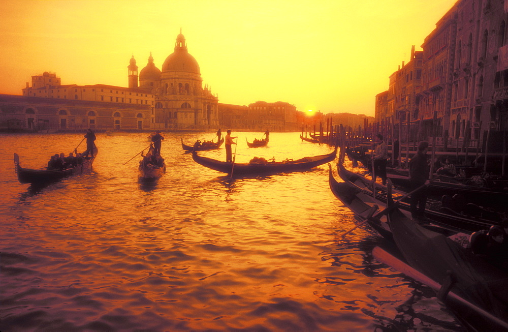 Gondolas and gondoliers on the Grand Canal at sunset, Venice, UNESCO World Heritage Site, Veneto, Italy, Europe