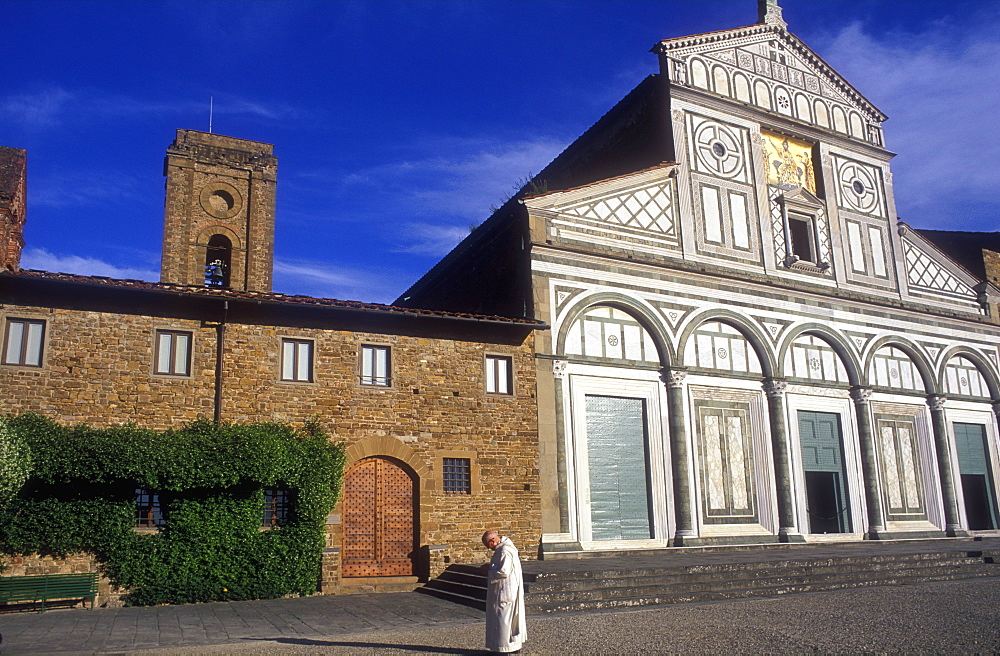 Church of San Miniato al Monte, with monk, Florence, Tuscany, Italy, Europe