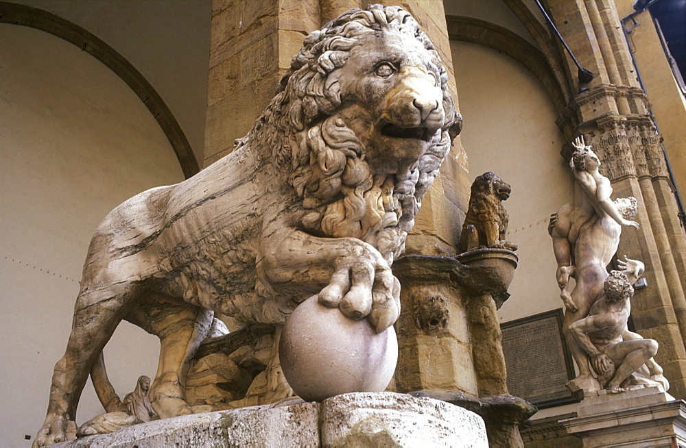 Donatello's Marzocco (the Lion), symbol of Florence, Loggia dei Lanzi, Florence, Tuscany, Italy, Europe