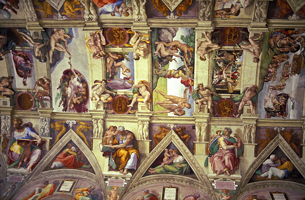 Michelangelo's frescoed ceiling created between 1508 and 1512, Sistine Chapel, Vatican, Rome, Lazio, Italy, Europe