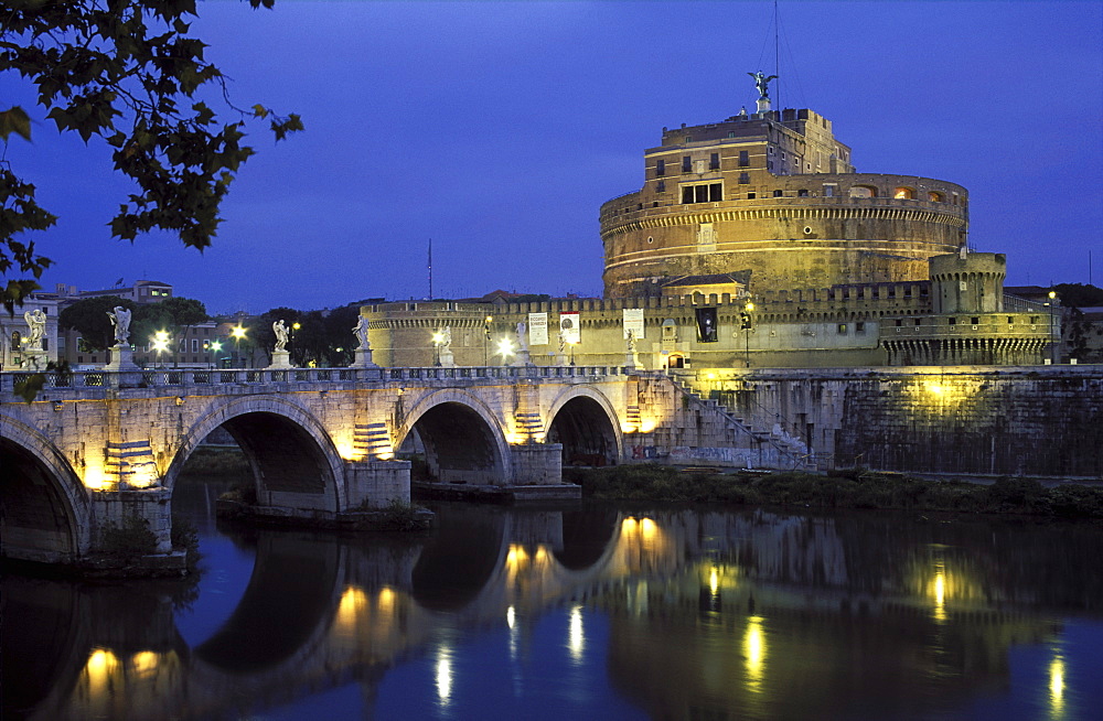 View of Castel Sant' Angelo, the Tiber River and Ponte Sant' Angelo illuminated at dawn, Rome, Lazio, Italy, Europe