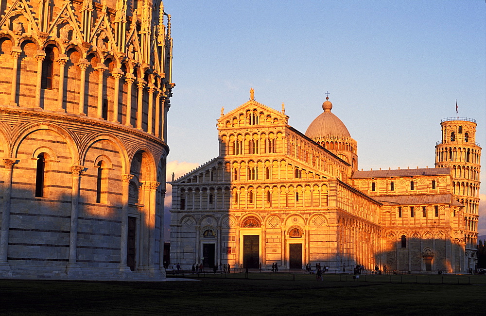 The Baptistry, Duomo and Leaning Tower at sunset, UNESCO World Heritage Site, Pisa, Tuscany, Italy, Europe