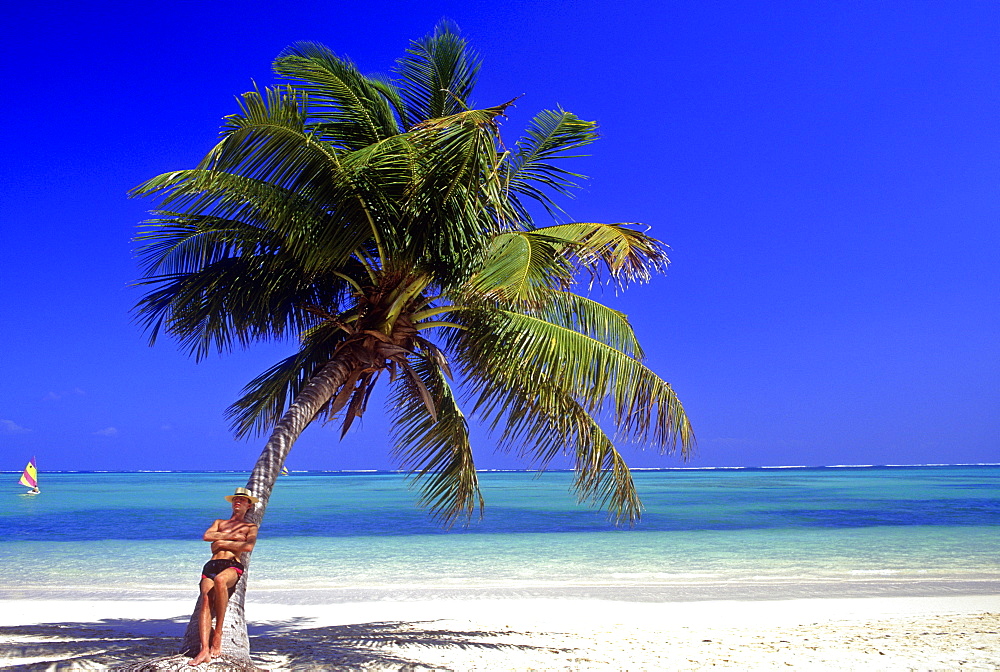 Man relaxing against palm tree with Caribbean Sea as background, Bavaro Beach, Punta Cana, Dominican Republic, West Indies, Caribbean, Central America