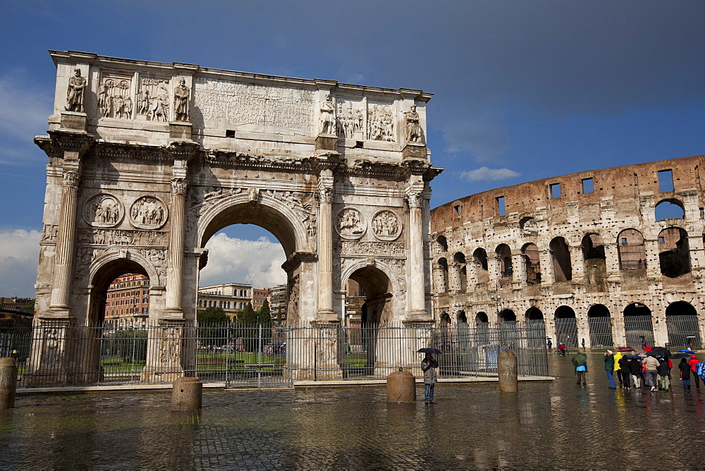 The Arch of Constantine with the Colosseum in the background, UNESCO World Heritage Site, Rome, Lazio, Italy, Europe