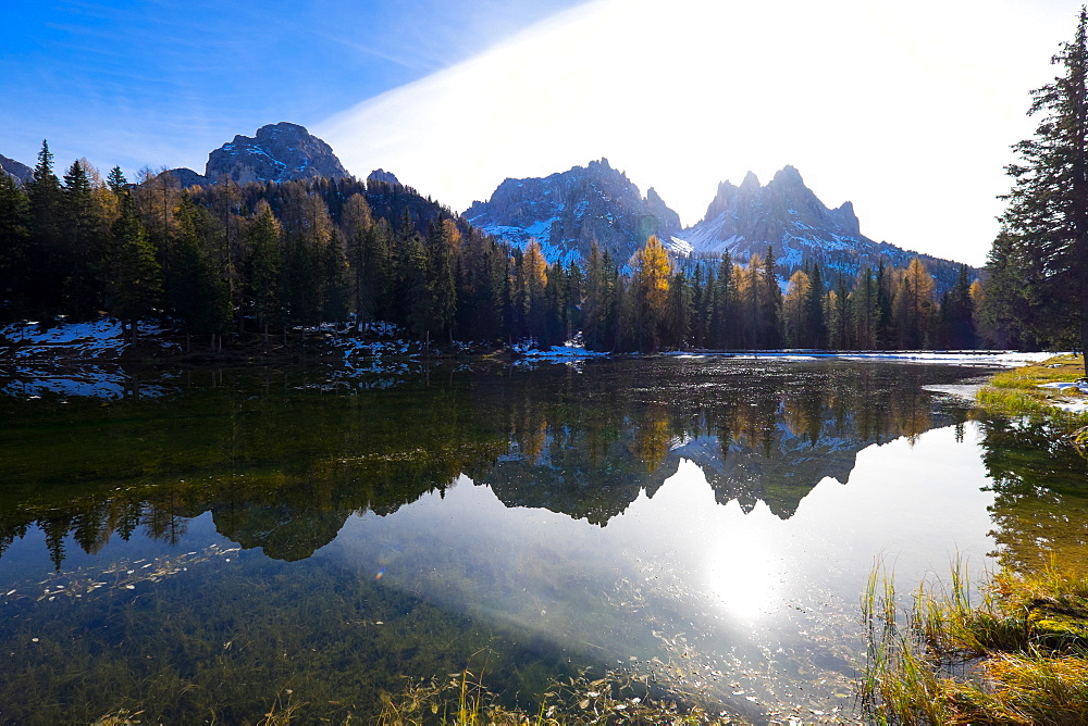 Tre Cime di Lavaredo and their reflection on Antorno lake, Auronzo, Belluno, Veneto, Dolomites, Italy, Europe