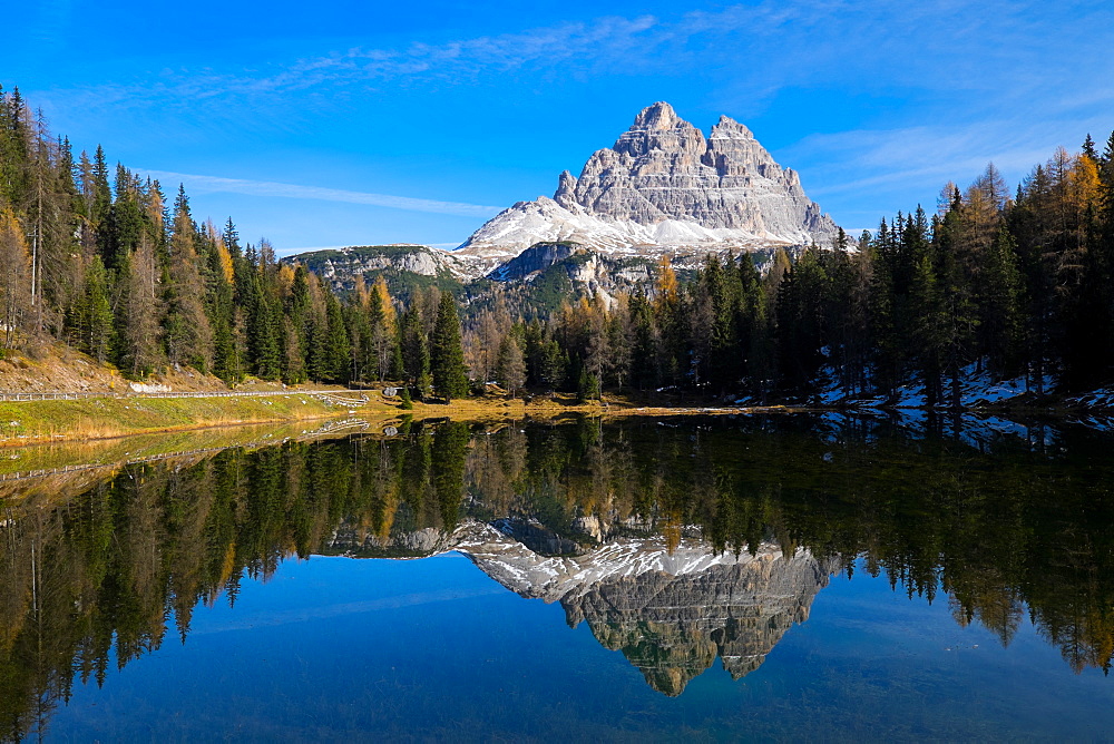 Tre Cime di Lavaredo and their reflection on Antorno lake, Auronzo, Belluno, Veneto, Dolomites, Italy, Europe