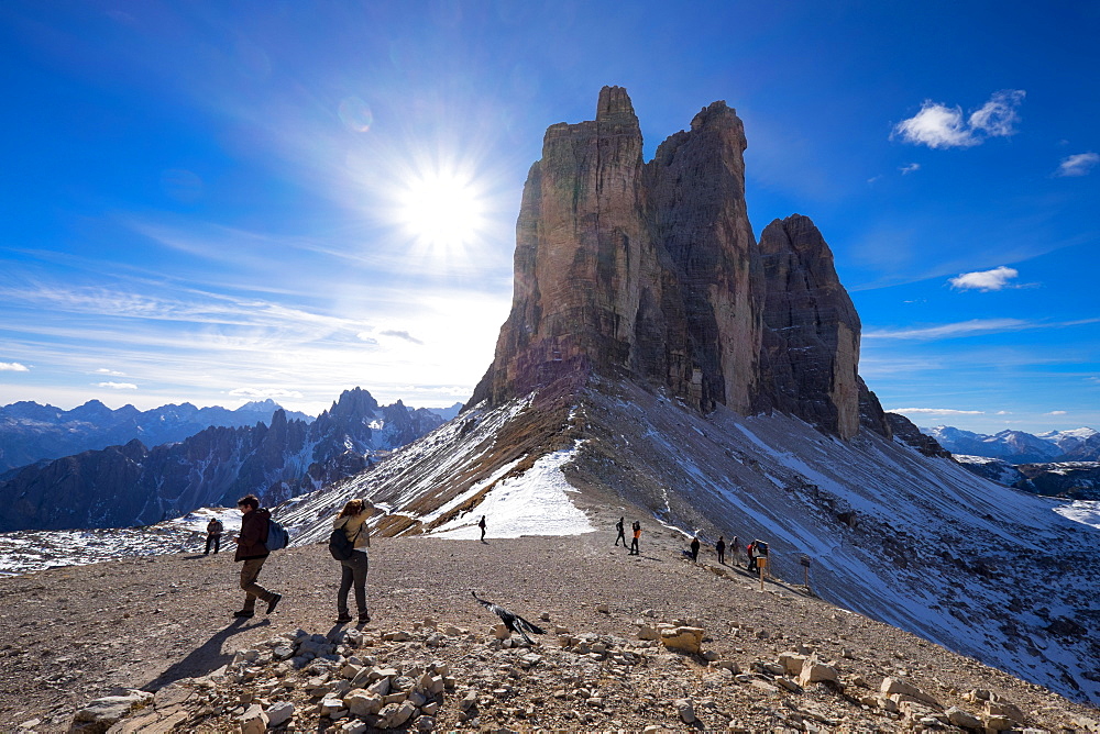 Tre Cime di Lavaredo and the trail around them, Auronzo, Belluno, Veneto, Dolomites, Italy, Europe