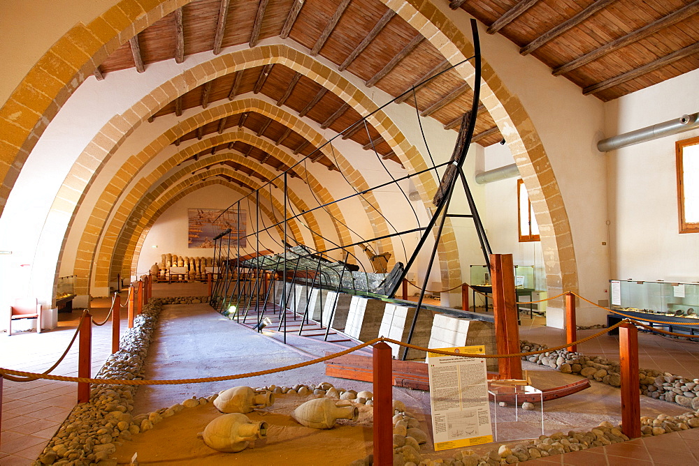 The wreck of a Punic ship at the Archaeological Museum Baglio Anselmi, Marsala, Sicily, Italy, Europe