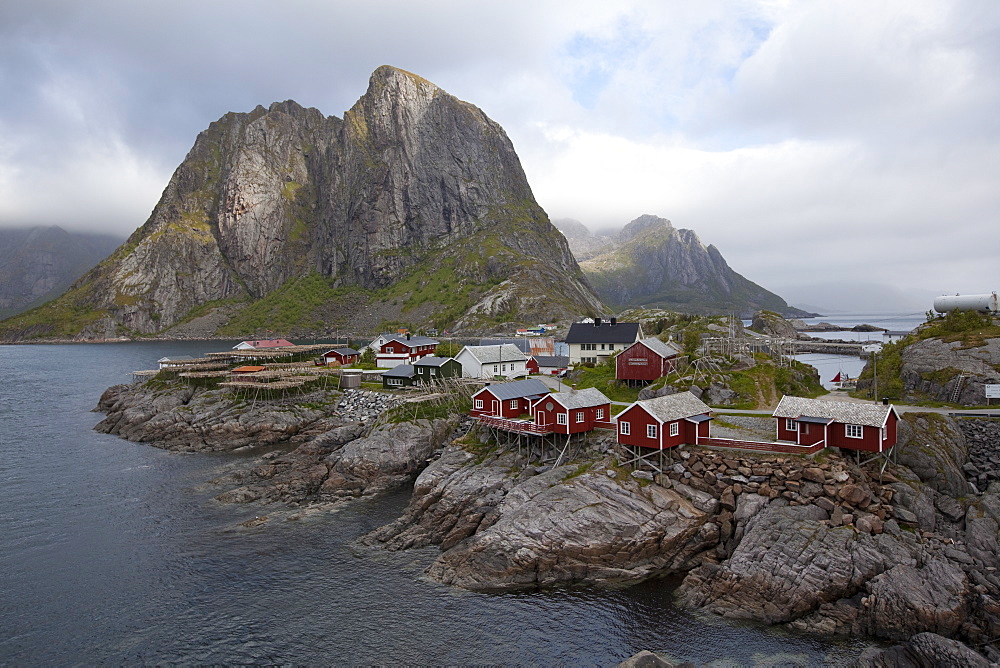 Reine village with typical red rorbuer and cod drying flakes, Moskenesoy island, Lofoten archipelago, Nordland county, Norway, Scandinavia, Europe