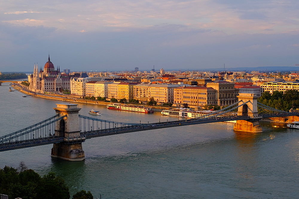 View of Pest, the Danube River and the Chain bridge (Szechenyi hid), from Buda Castle, Budapest, Hungary, Europe