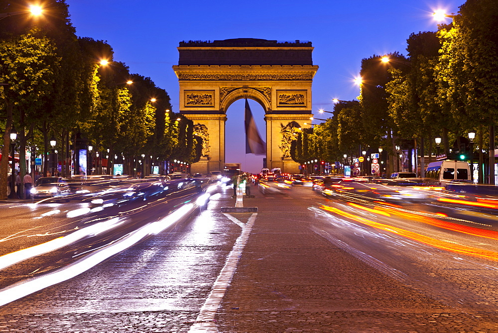 Arc de Triomphe and Champs-Elysees at night, Paris, France, Europe