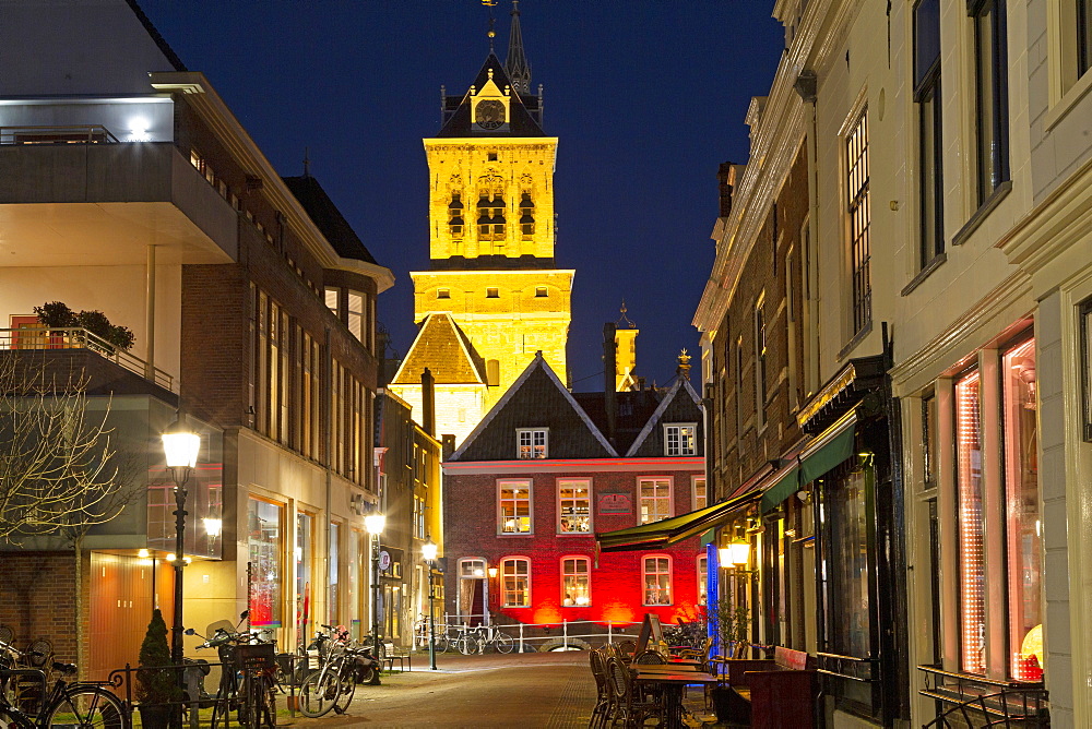 The tower of Delft Town Hall (Stadhuis) and Dutch Gold Age facades in Delft, South Holland, The Netherlands, Europe