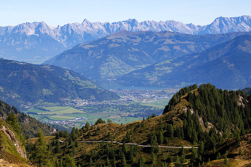 View from the Kitzsteinhorn mountain, in the Austrian Alps, towards Zell am See, in Salzburgerland, Austria, Europe