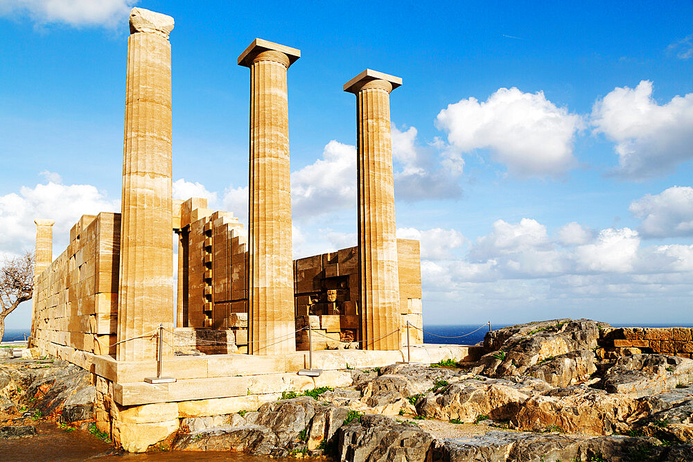 Temple of Athena Lindia, an Ancient Greek place of worship dedicated to Athena, on the acropolis at Lindos on Rhodes, Dodecanese, Greek Islands, Greece, Europe