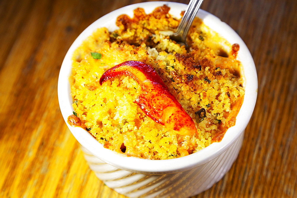 A bowl of lobster mac 'n' cheese, a dish made with locally landed seafood, served in Chester, Nova Scotia, Canada, North America