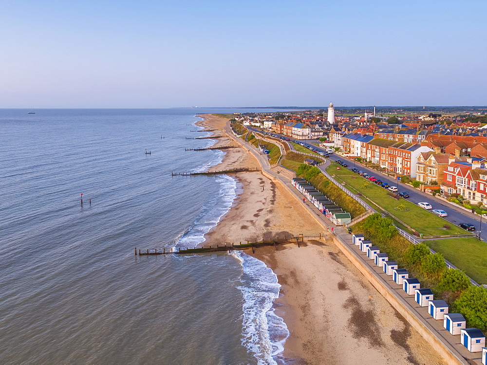 View by drone of Southwold Lighthouse and coast, Southwold, Suffolk, England, United Kingdom, Europe