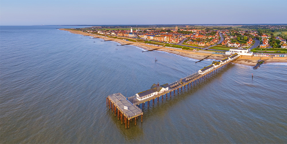 View by drone of Southwold Lighthouse and Southwold, Suffolk, England, United Kingdom, Europe