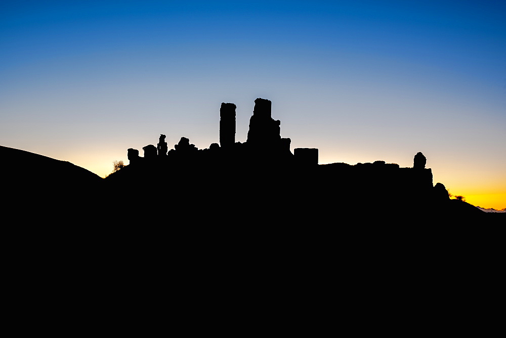 Corfe Castle at dawn, Dorset, England, United Kingdom, Europe