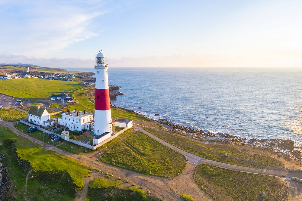 View by drone of Portland Bill Lighthouse, Portland Bill, Isle of Portland, UNESCO World Heritage Site, Dorset, England, United Kingdom, Europe