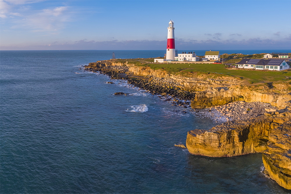 View by drone of Portland Bill Lighthouse, Portland Bill, Isle of Portland, UNESCO World Heritage Site, Dorset, England, United Kingdom, Europe