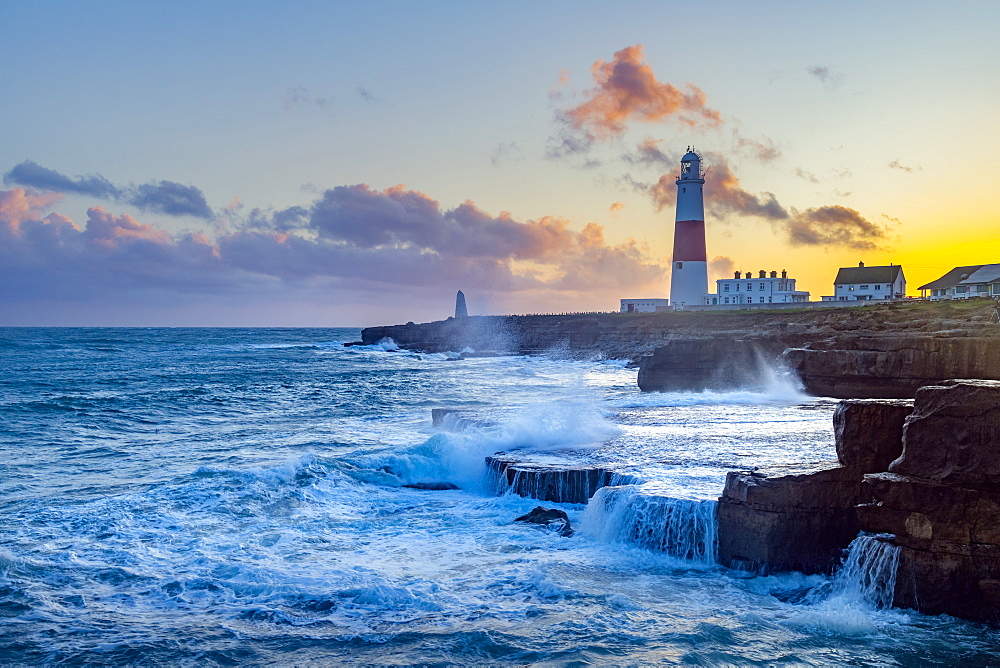 Portland Bill Lighthouse at sunset, Portland Bill, Isle of Portland, UNESCO World Heritage Site, Dorset, England, United Kingdom, Europe