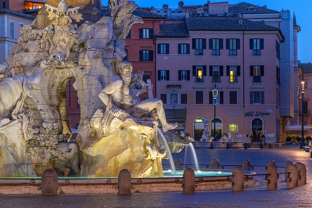 Fontana dei Quattro Fiumi (Fountain of the Four Rivers), River God Ganges, Piazza Navona, Ponte, Rome, Lazio, Italy, Europe