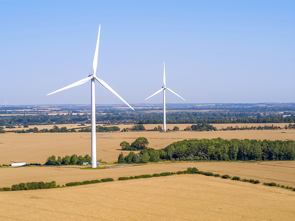 Drone view of Cotton Farm Wind Farm, Cambridgeshire, England, United Kingdom, Europe