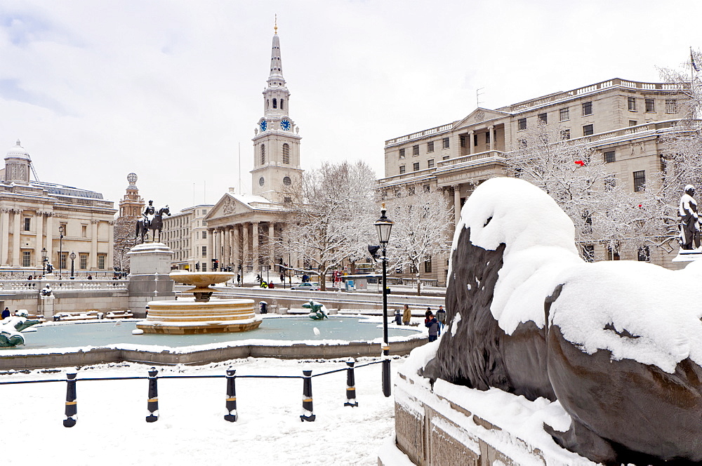 Trafalgar Square in winter snow, London, England, United Kingdom, Europe