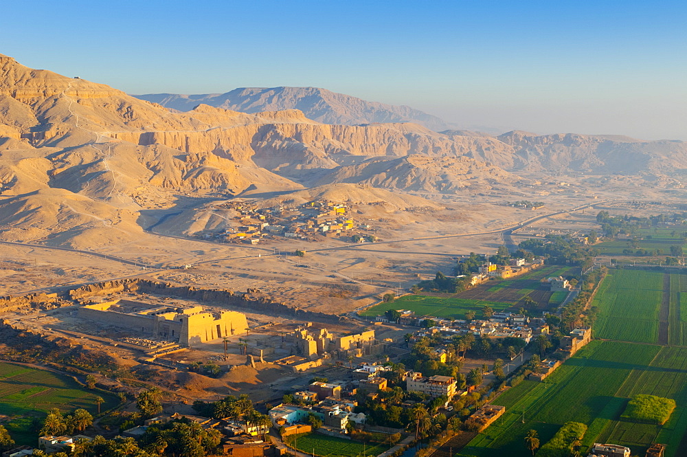 Ballooning over countryside near the Valley of the Kings, Thebes, Upper Egypt, Egypt, North Africa, Africa