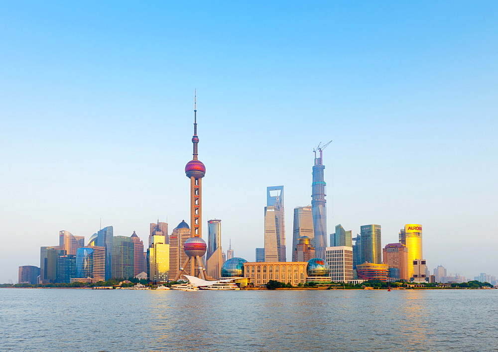 China, Shanghai, Pudong Skyline across Huangpu River, Oriental Pearl Tower, Shanghai World Financial Center, Shanghai Tower