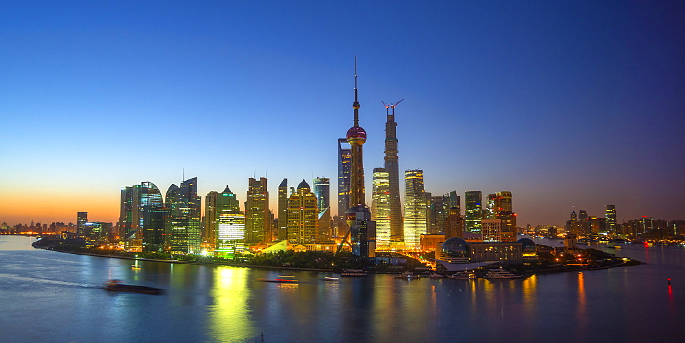 Financial District skyline including Oriental Pearl Tower and Shanghai Tower, Pudong District, Huangpu River, Shanghai, China, Asia 