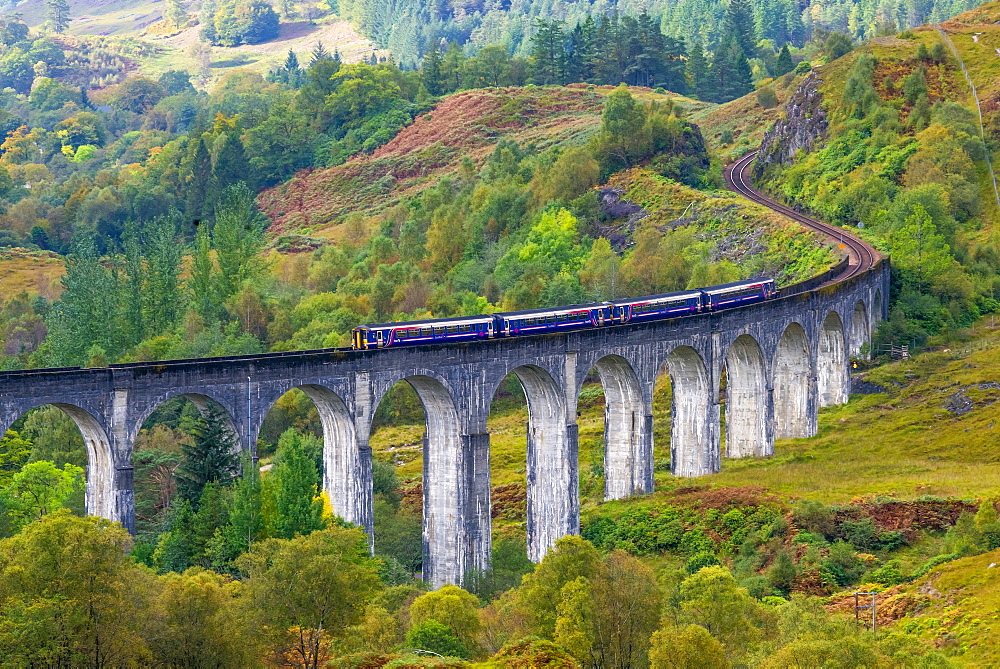 Train on the Glenfinnan Railway Viaduct, part of the West Highland Line, Glenfinnan, Loch Shiel, Highlands, Scotland, United Kingdom, Europe