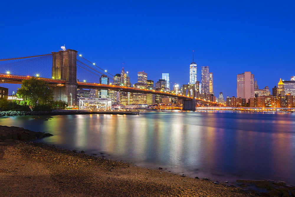 Brooklyn Bridge over East River, Lower Manhattan skyline, including Freedom Tower of World Trade Center, New York, United States of America, North America