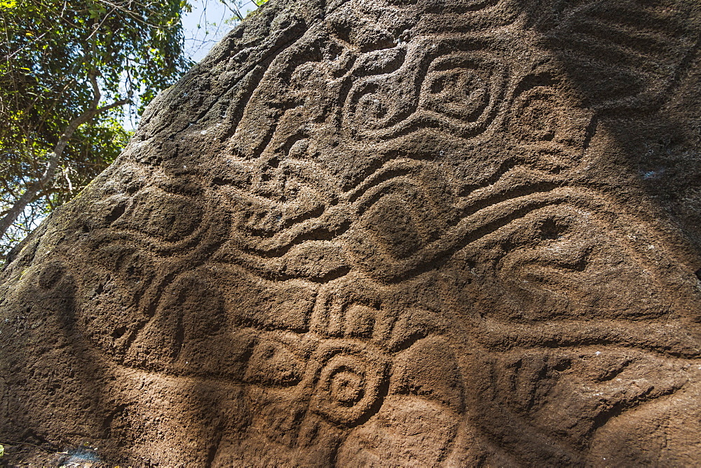 Abstract curvilinear motif petroglyph on rock at Finca Magadalena, Volcan Maderas, Omotepe Island, Lake Nicaragua, Nicaragua, Central America