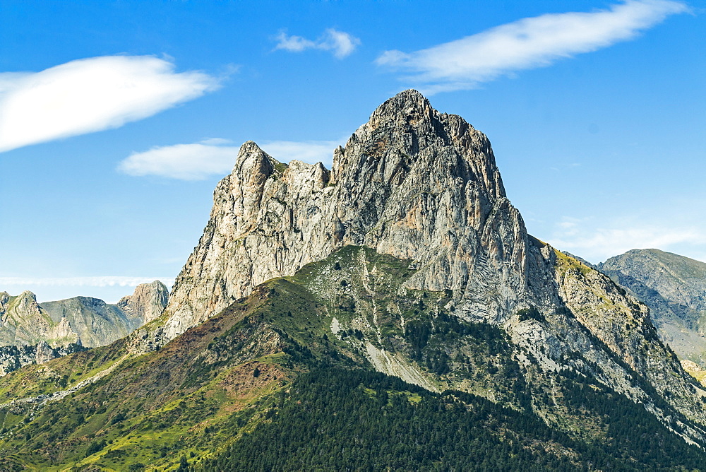 The 2341m limestone peak Pena Foratata, a great landmark in scenic upper Tena Valle, Sallent de Gallego, Pyrenees, Aragon, Spain, Europe