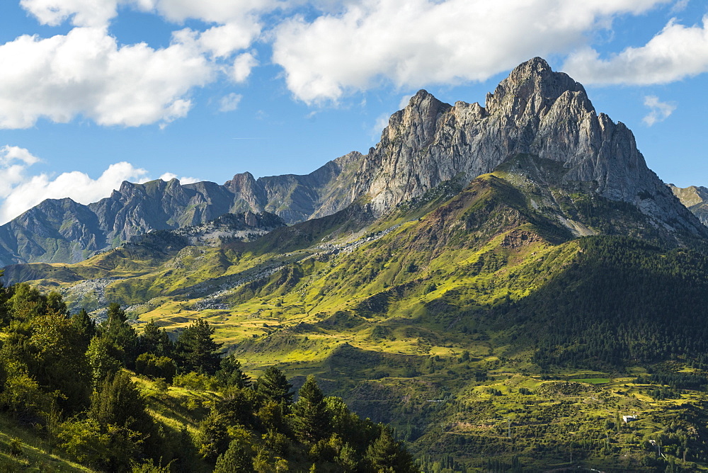 The 2282m Pena Foratata, not the highest but most iconic peak in the upper Tena Valley, Sallent de Gallego, Pyrenees, Huesca, Spain, Europe