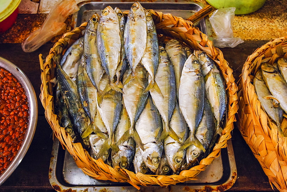 Cooked mackerel for sale at a stall in this huge old market, Central Market, city centre, Phnom Penh, Cambodia, Indochina, Southeast Asia, Asia