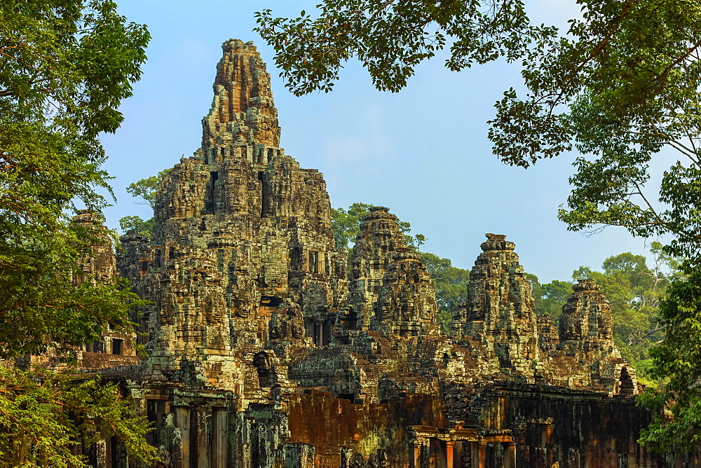 Towers of the famous Bayon, last temple built by King Jayavarman VII in Angkor Thom walled city, Angkor, UNESCO World Heritage Site, Siem Reap, Cambodia, Indochina, Southeast Asia, Asia