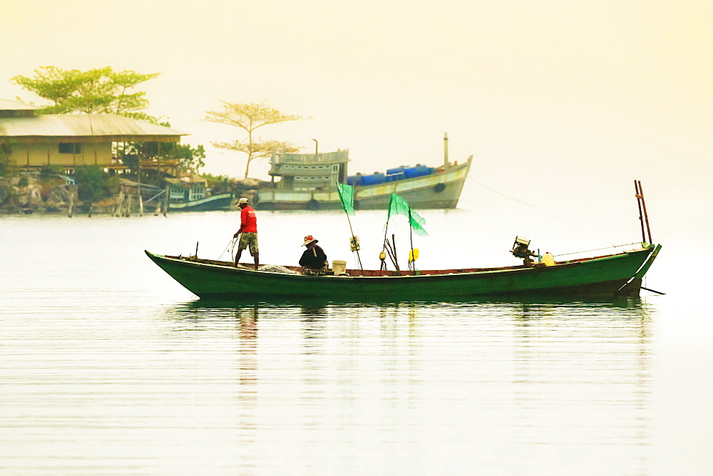 Fishing boat at dawn off the east coast of this holiday island, Saracen Bay, Koh Rong Sanloem Island, Sihanoukville, Cambodia, Indochina, Southeast Asia, Asia