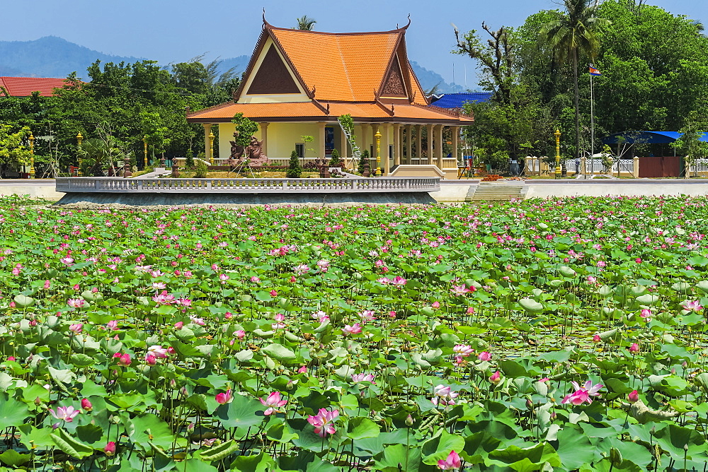 Ornamental lake covered with lily pads by temple pavilion at this quiet former French resort town, Kep, Kep Province, Cambodia, Indochina, Southeast Asia, Asia