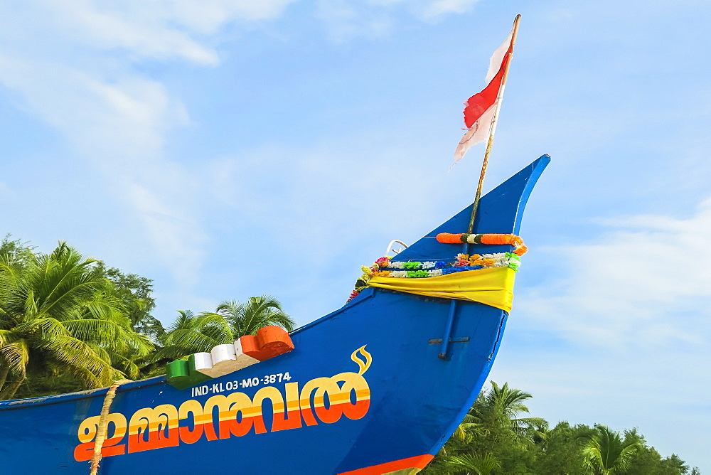 Colourful fishing boat decorated with Indian flag motif on Marari Beach, Mararikulam, Alappuzha (Alleppey), Kerala, India, Asia