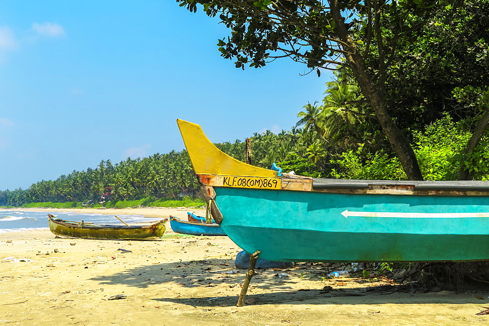 Fishing boats at lovely unspoilt, Kizhunna Beach, south of Kannur on the Keralan north coast,Kizhunna, Kannur, Kerala, India, Asia