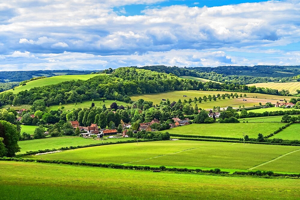 View from Fingest Wood to Fingest Village and Cadmore End in the Chiltern Hills near High Wycombe, Fingest, Buckinghamshire, England, United Kingdom, Europe