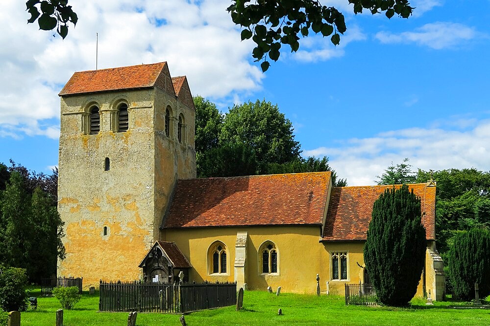 St. Bartholomew's church with its famous 12th century Norman Tower at Fingest in the Hambleden Valley, Fingest, The Chilterns, Buckinghamshire, England, United Kingdom, Europe