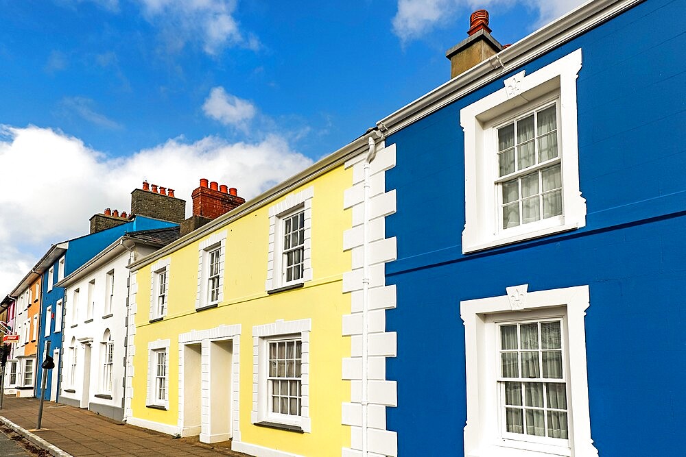 Some of the many colourful regency style houses by the harbour in this popular coastal town, Aberaeron, Ceredigion, Wales, United Kingdom, Europe