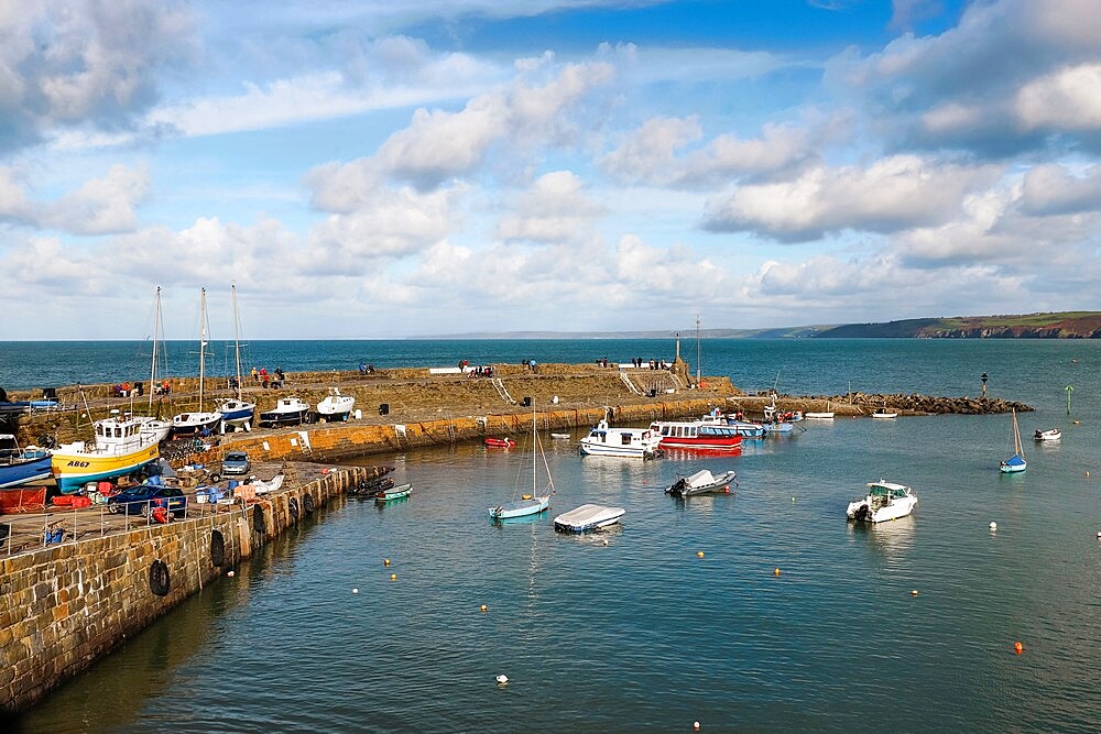 The harbour wall of this popular town for commercial fishing, dolphin watching and tourism, New Quay, Ceredigion, Wales, United Kingdom, Europe